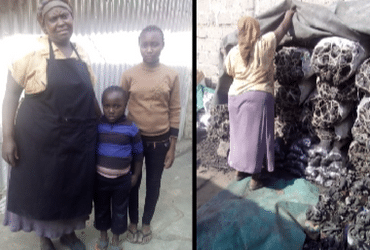 Left photo is Hannah with her two children and right photo is Hannah working with charcoal.