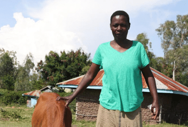 Milder Achieng Oyugi standing outside next to her cow.
