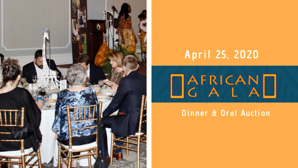 Group of people sitting around a table. Text says, "April, 25, 2020 African Gala Dinner and Oral Auction."