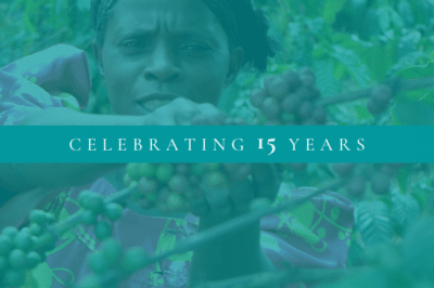 Woman outside harvesting produce. Text overlayed says, "Celebrating 15 years."