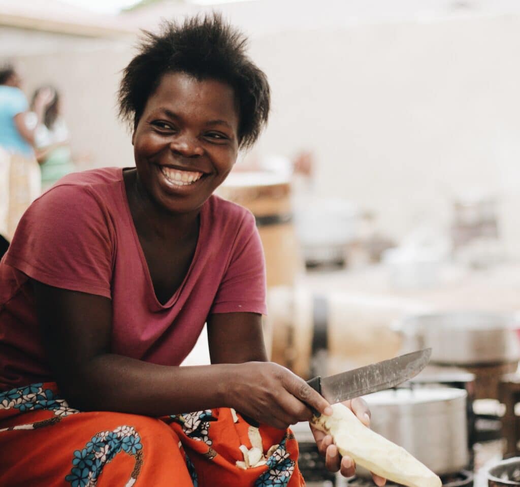 Woman working and smiling.