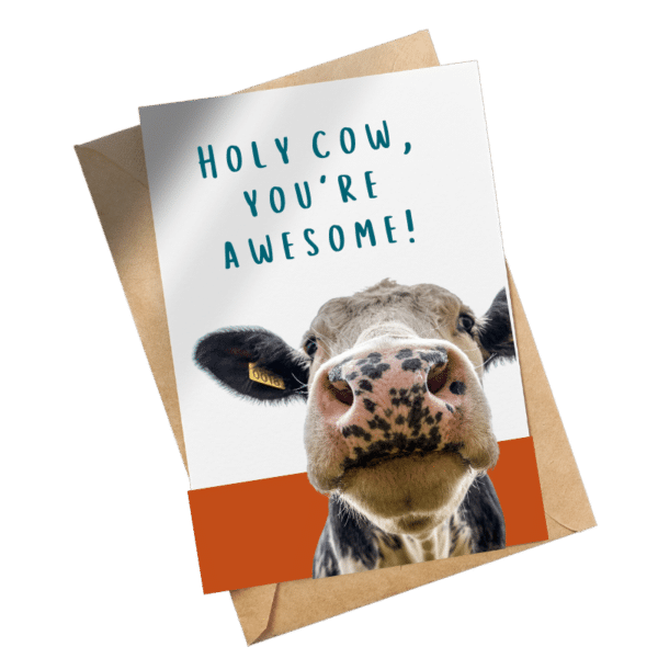 A card with a picture of a cow alongside the text: "Holy cow, you're awesome!"