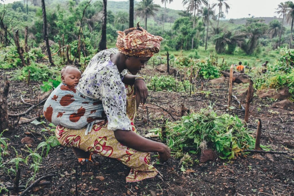 A woman working in a field with a sleeping baby on her back.